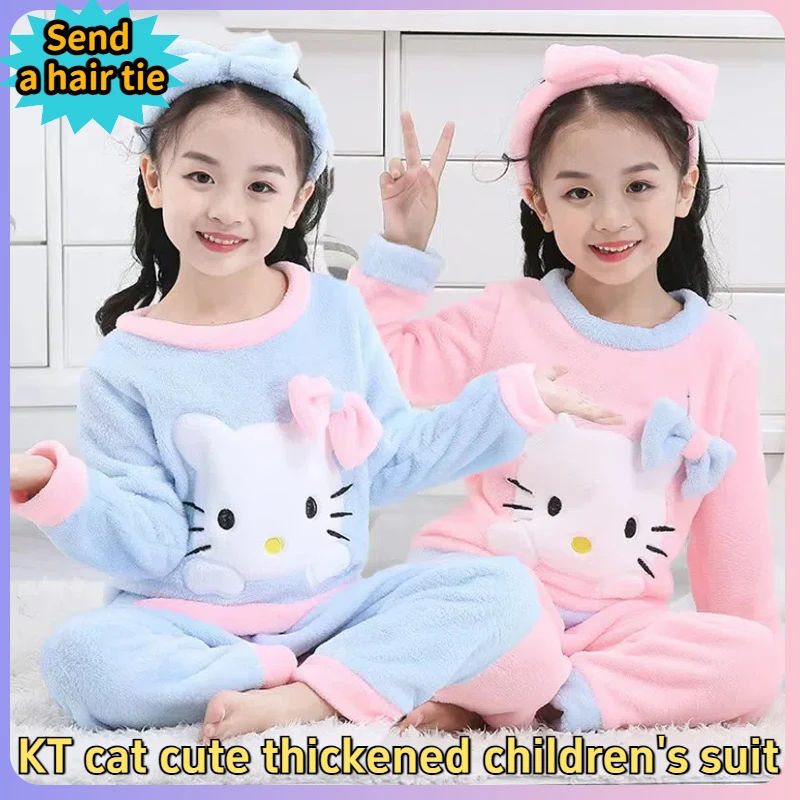 Cartoon Sanrio Hello Kitty Set Hairband Children's Winter Pajamas Flannel Girls' Thickened Pajamas Winter Sweet Home Clothes