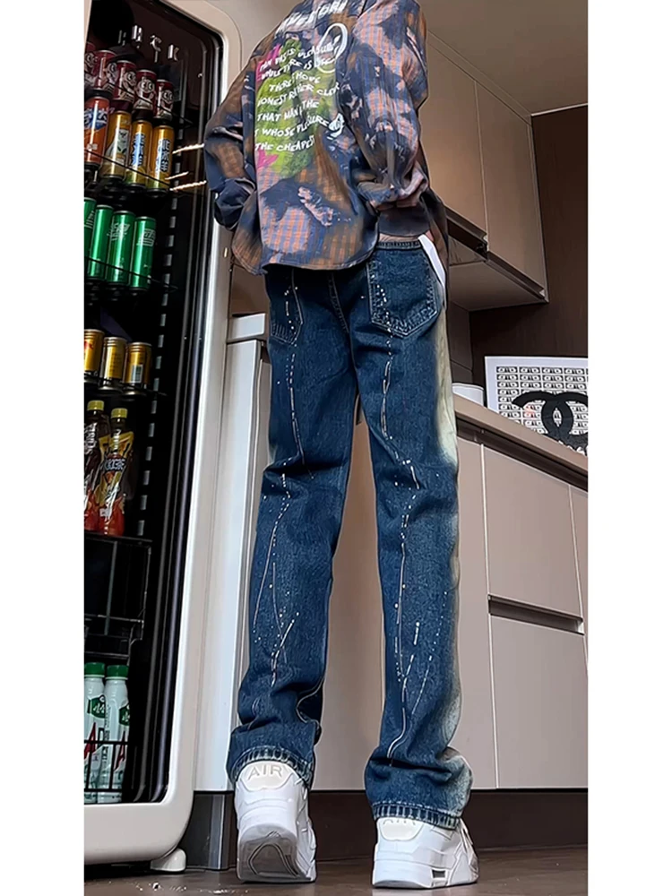 

Мужские джинсы прямого кроя с эффектом выцветания, весна-осень, модный бренд, стильные, уличные, с высокой талией, длинные, из хлопкового денима, свободного кроя