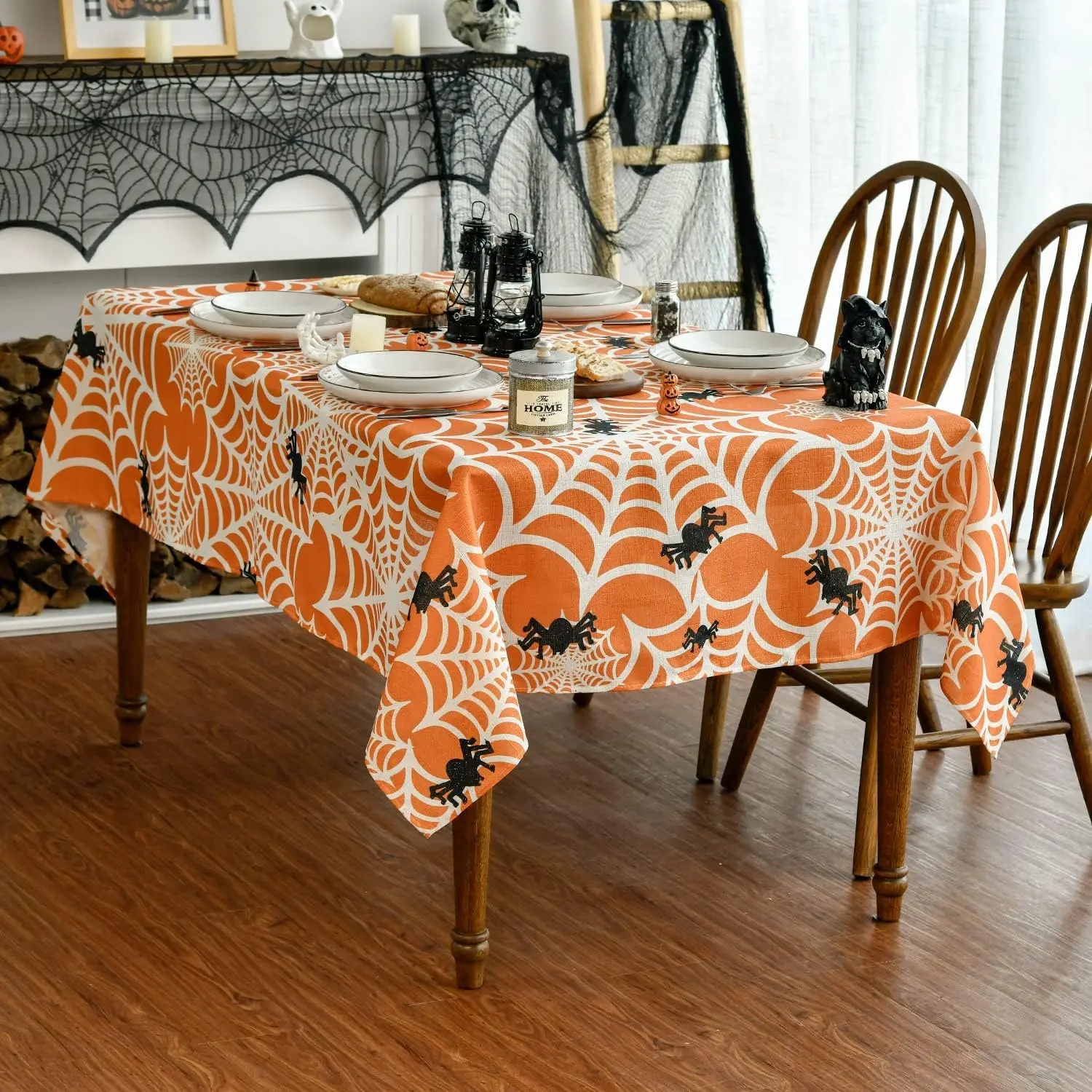 Halloween Stain Resistant Tablecloth, Spider Web Horror Theme Washable Tablecloth for Party Picnic Dinner Decoration Orange