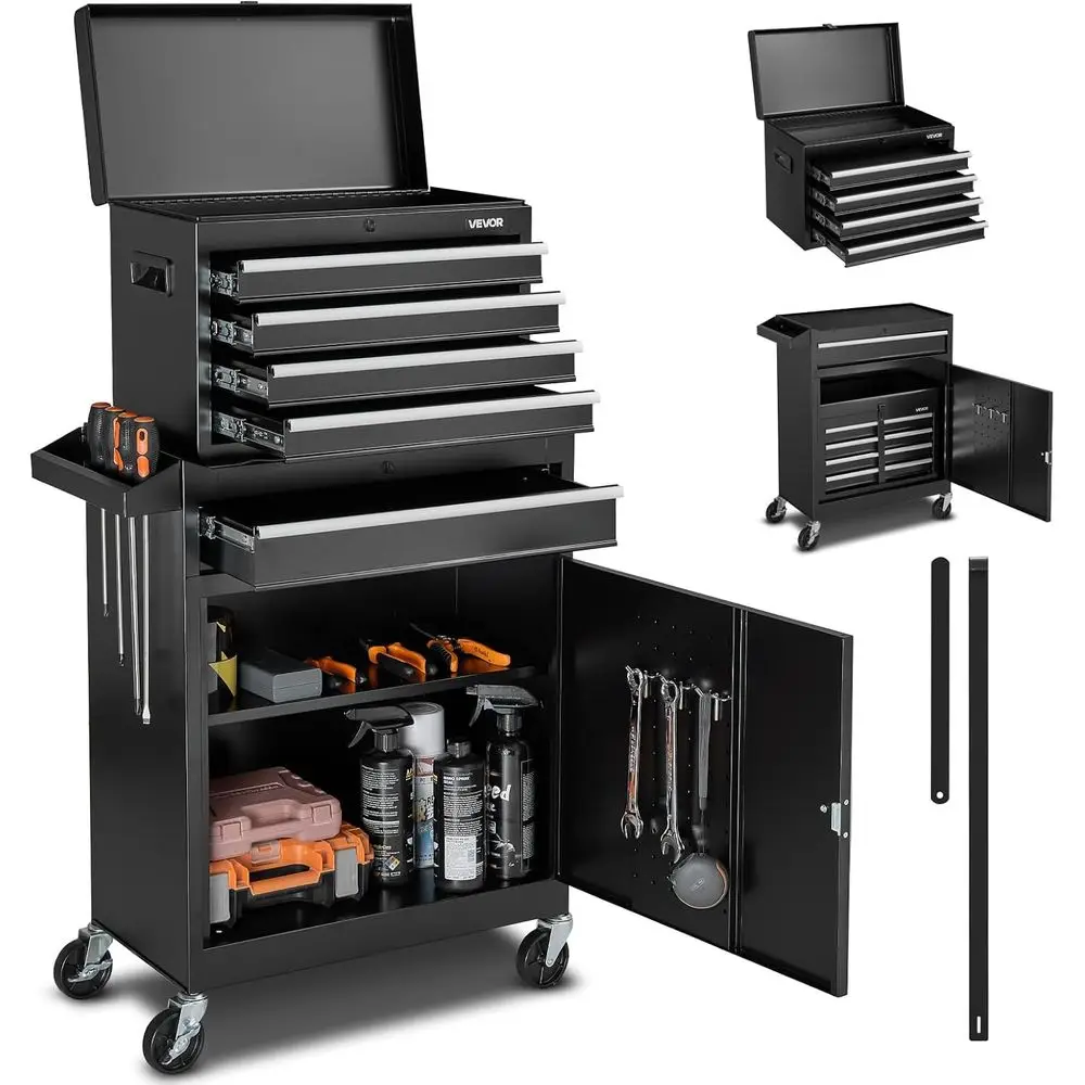 

Многофункциональный передвижной ящик для инструментов 2-в-1 со съемной верхней частью, 5 выдвижными ящиками, с замком, органайзером и держателем для инструментов для гаража или мастерской