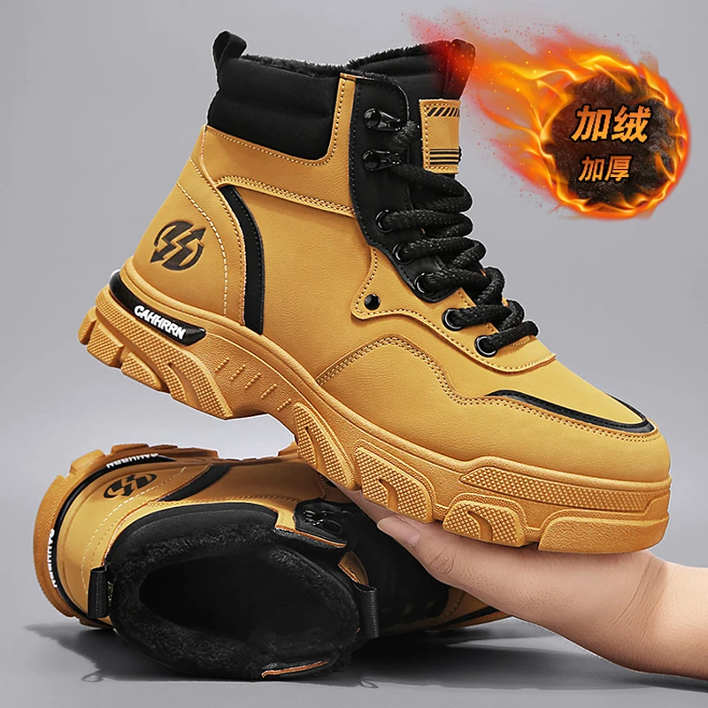 Retro Vintage Fleece Lined High Top Work Boots Firm Stitched Upper Slip Resistant Outsole Trendy Casual Footwear For Men Winter