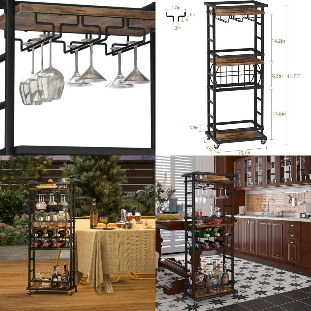 

Передвижная барная тележка с подставкой для вина и держателем для стаканов, в деревенском стиле, коричневая, для столовой, гостиной, кухни и использования на открытом воздухе