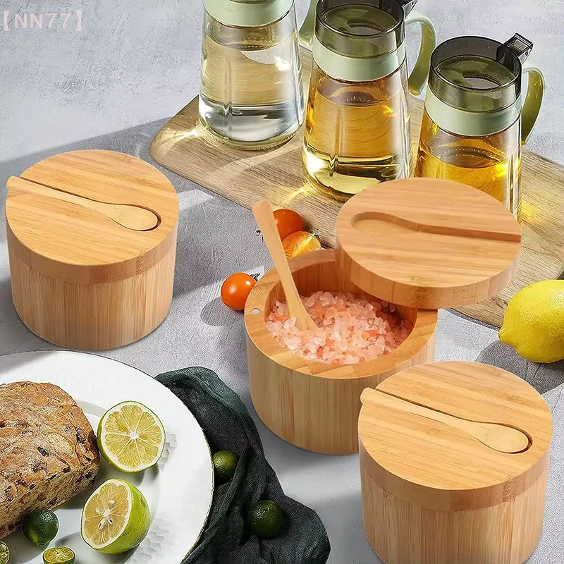 Bamboo Salt Cellar with Mini Spoon - Kitchen Salt & Pepper Jar, Spice Seasoning Storage Container with Lid