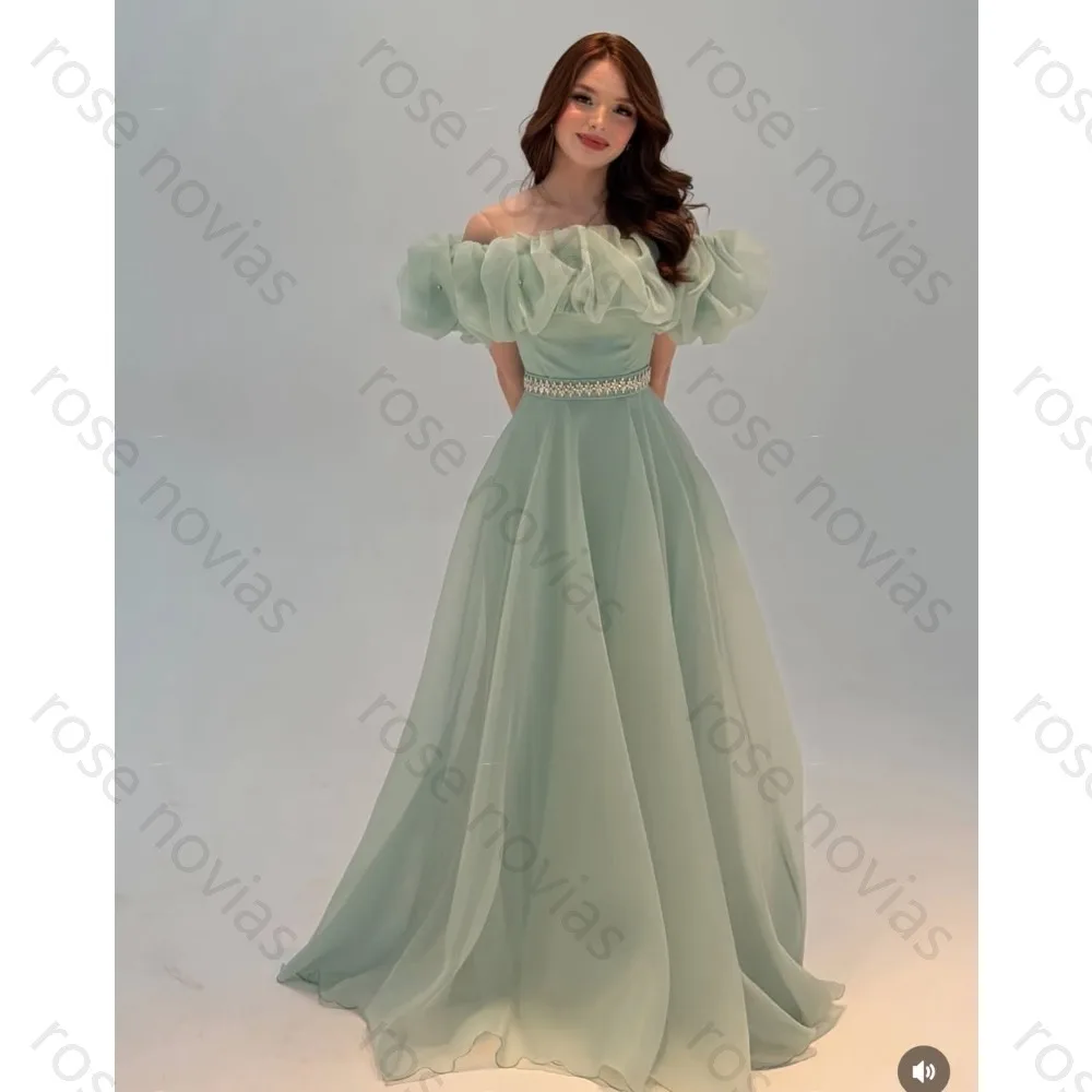 

Mint Green Formal Dress Off Shoulder Ruffle Puff Sleeve Pearl Beaded Waist Tulle Maxi Gown Women Formal Evening Party Prom Dress