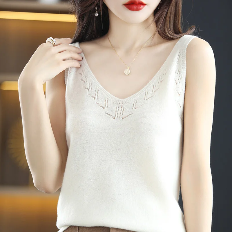 Hot Sale Summer New T-Shirt Sling Cashmere Knit Solid Color Sleeveless Women\'s 100% Wool Sling Cropped Pullover promotion 2022