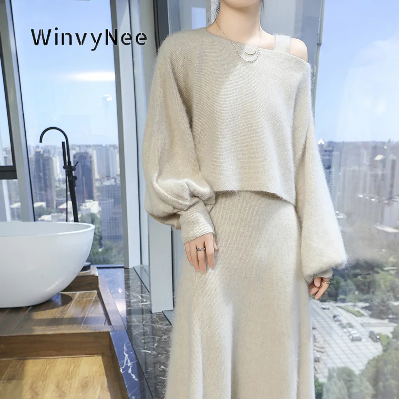WinvyNee Women Knit Set Mink Velvet Off‑Shoulder Two‑Piece Suit Brushed Fabric Lantern Sleeve Midi Dress Loose Elegant F1248051
