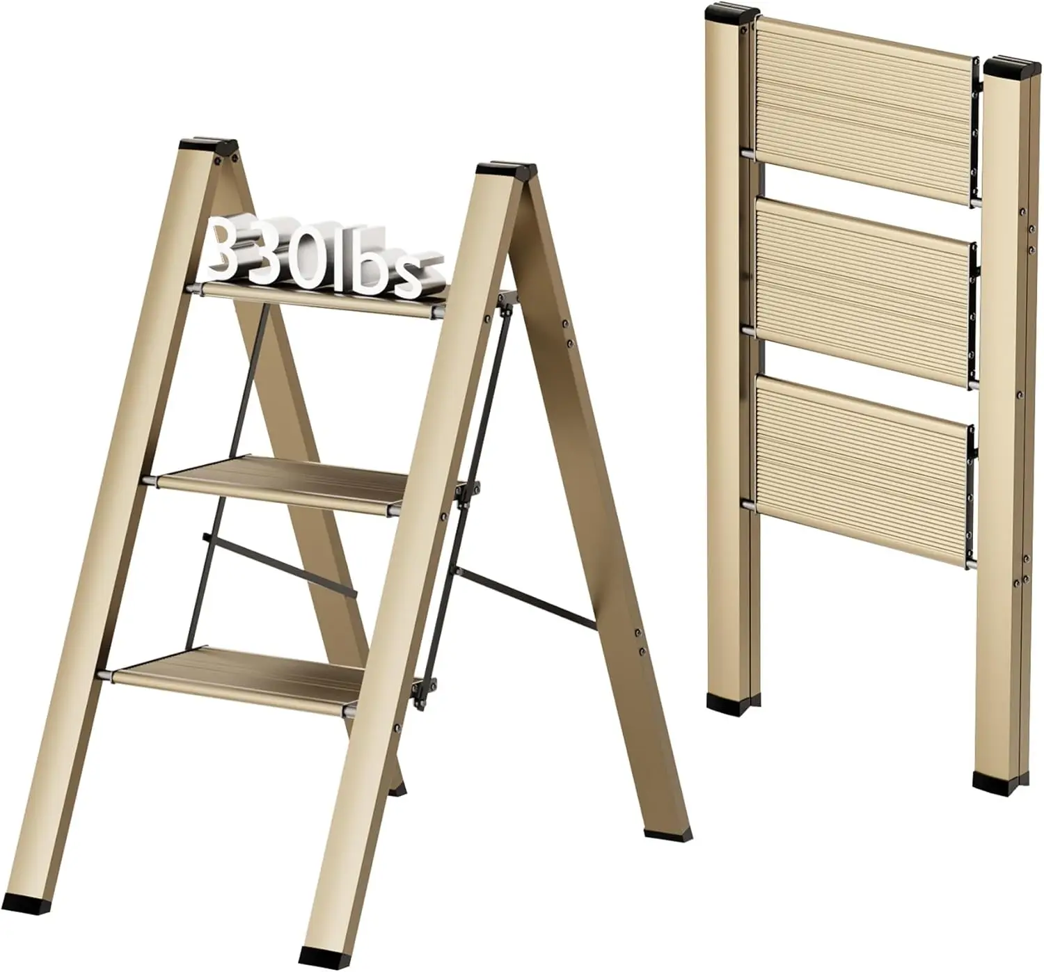 

3-ступенчатый складной табурет-лестница, золотой, нескользящие широкие ступеньки, легкий портативный для домашней кухни, поддерживает 330 фунтов