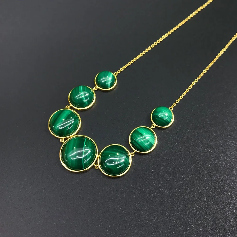 FFGems Sterling Silver 925 Round Multi Size Big Natural Malachite Stone Necklace Fine Jewelry For Women Girl Party Gift with Box