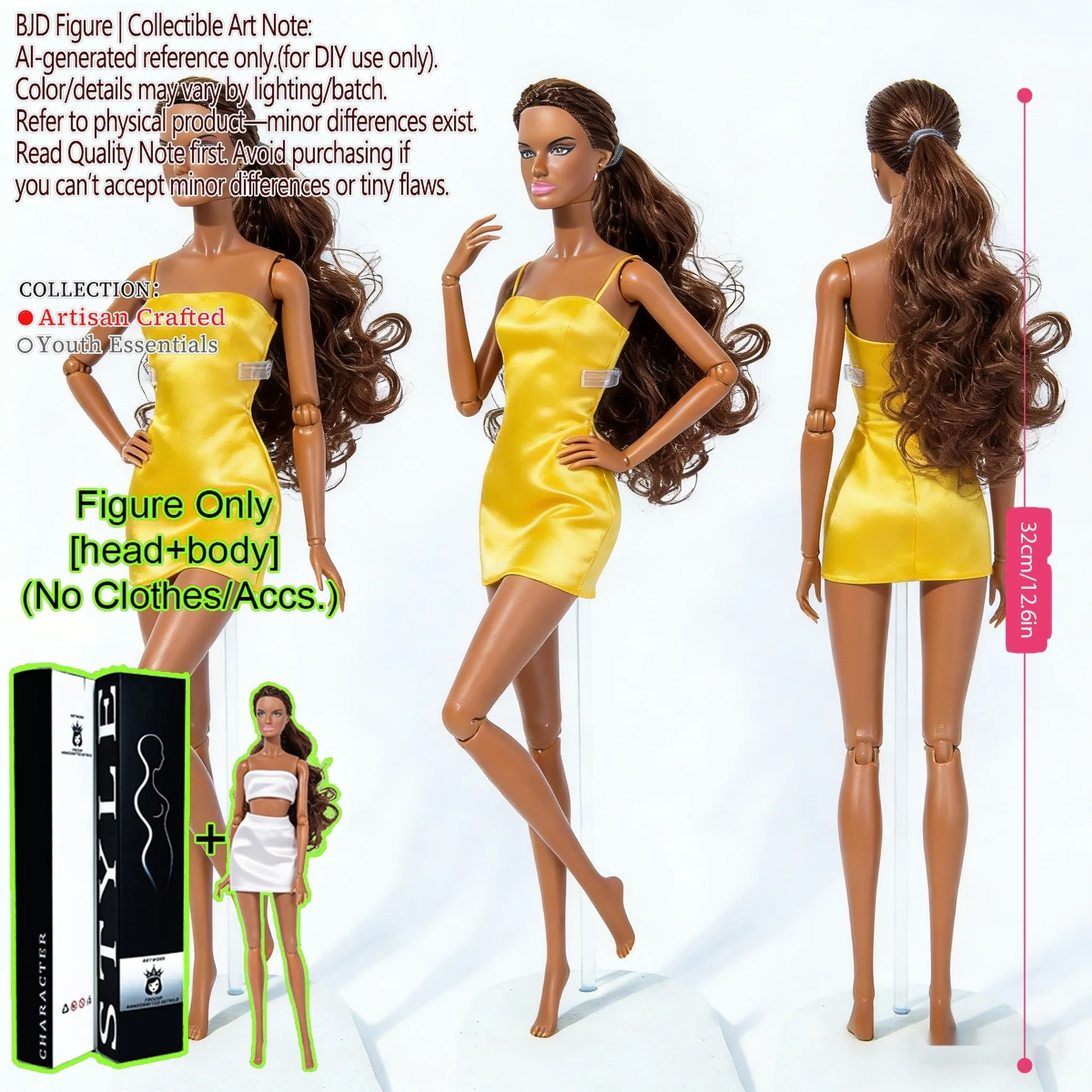 

12.6in 1/6 Pro BJD Collectible 12-Joint, Real Features & Hair, Collection Display Premium Holiday Birthday Gift (No Clo