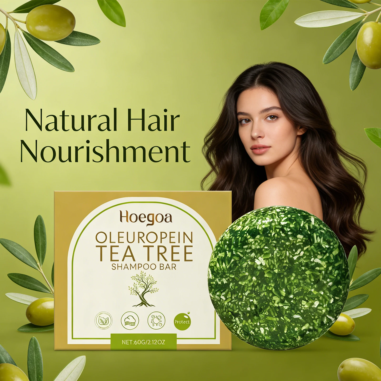Champú Sólido Oleuropein Tea Tree para Control de Grasa, Cabello Voluminoso, Limpieza Suave, Nutrición del Cuero Cabelludo, Cabello Suave, Fortalece Raíces, Cuidado Capilar