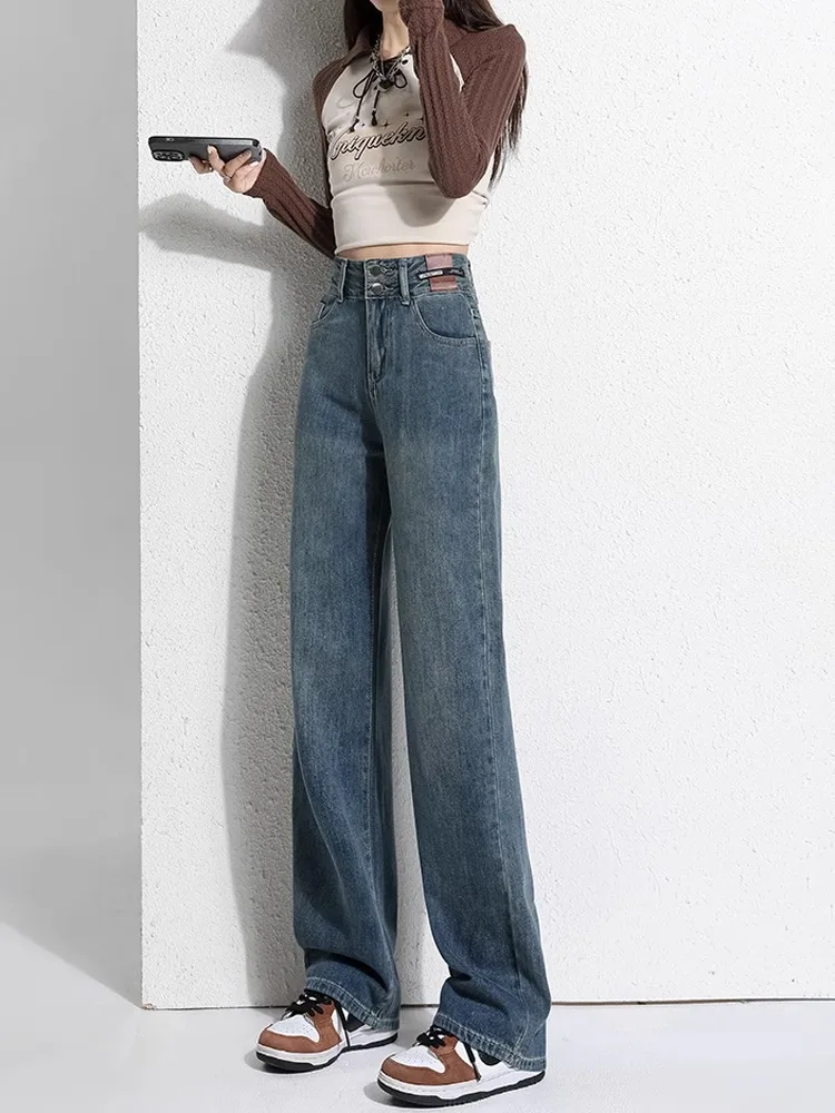 

Женские джинсы с высокой талией, прямые, свободного кроя, в стиле ретро, широкие штанины, стройнящие, для весны и осени, уличный стиль, маленькие размеры, длина в пол