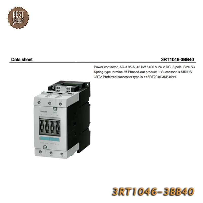 3RT1046-3BB40 For SIEMENS Power Contactor AC-3 95 A  45 kW  400 V 24 V DC 3-pole Size S3 Spring-type Termina