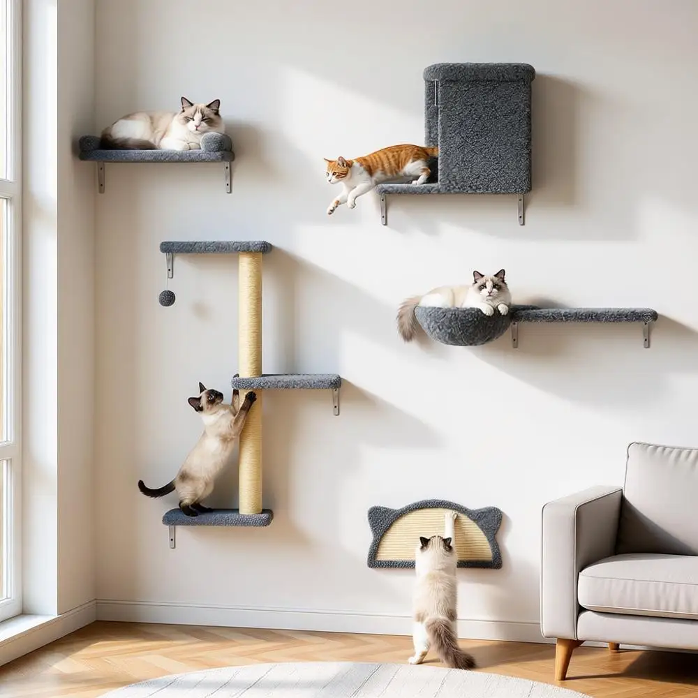 

Настенные полки для кошек 5-в-1, из массива дерева, с велюром и сизалевым когтетрением, максимальная нагрузка 20 кг, настенная мебель или лазалка для кошек, кошачий лазательный комплекс