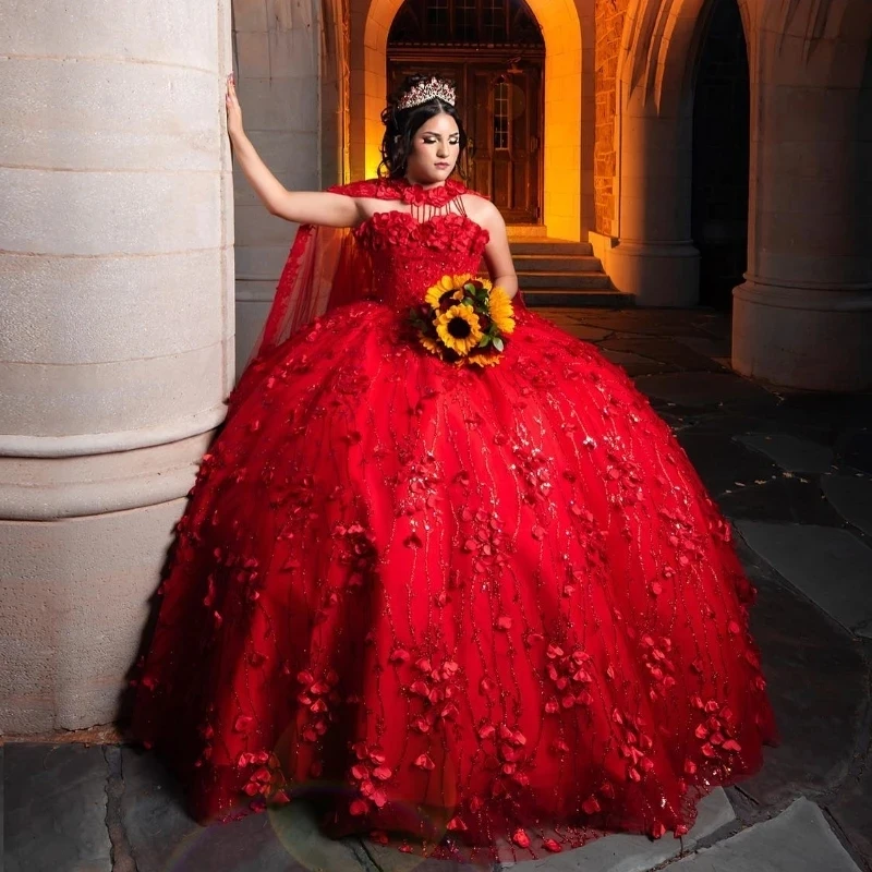 

Red Shiny Off The Shoulder Quinceanera Dresses Ball Gown Appliques Lace Handmade Flowers Beads With Cape Sweet 15 Party Wear