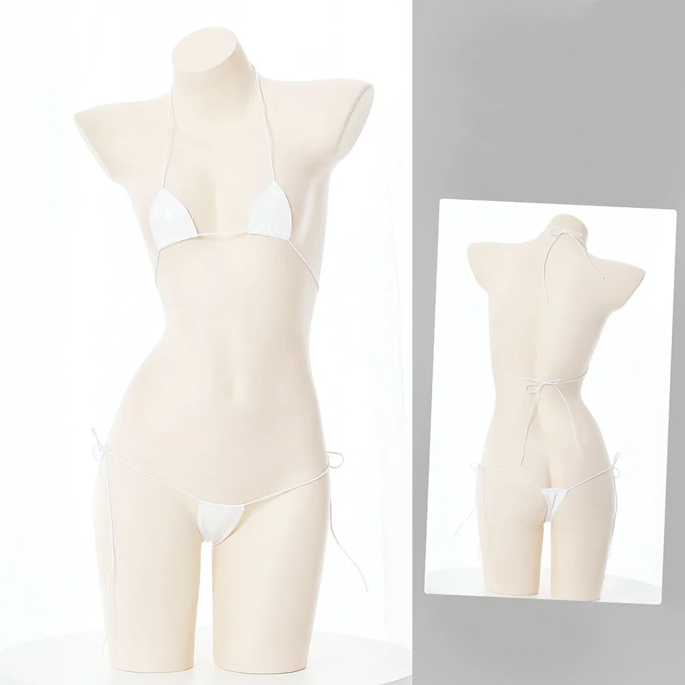 Lencería Sexy para mujer, sujetador de Bikini con trasero expuesto, Tanga transpirable, aspecto húmedo, charol, secado rápido, Halter de cuero, encaje erótico para mujer