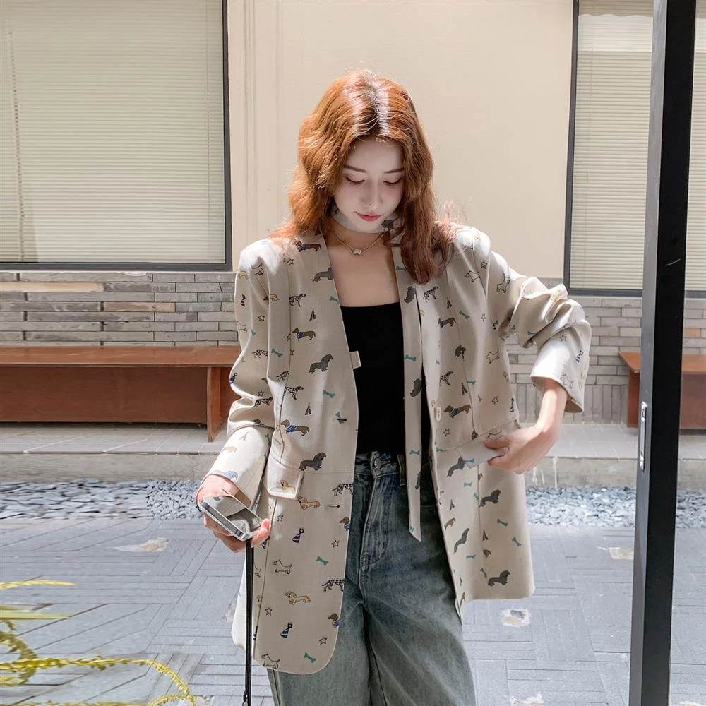 Korean Style Unique Design Dog Print Suit Women's Fashionable Early Autumn Sleeveless Jacket Polyester Material Commute Style