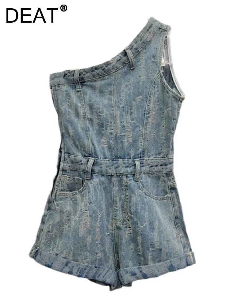 

DEAT Women's Denim Playsuits Single Shoulder Washed High Waist Wide Leg Cuffs Backless Jumpsuit 2024 Summer New Fashion 11A0241