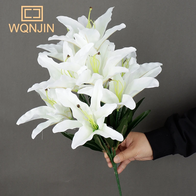 Künstliche Lilienblumen mit 9 Köpfen, europäischer mehrfarbiger gefälschter Brautblumenstrauß, Hochzeit, Zuhause, Party, Dekoration, Blumen – Detail 6