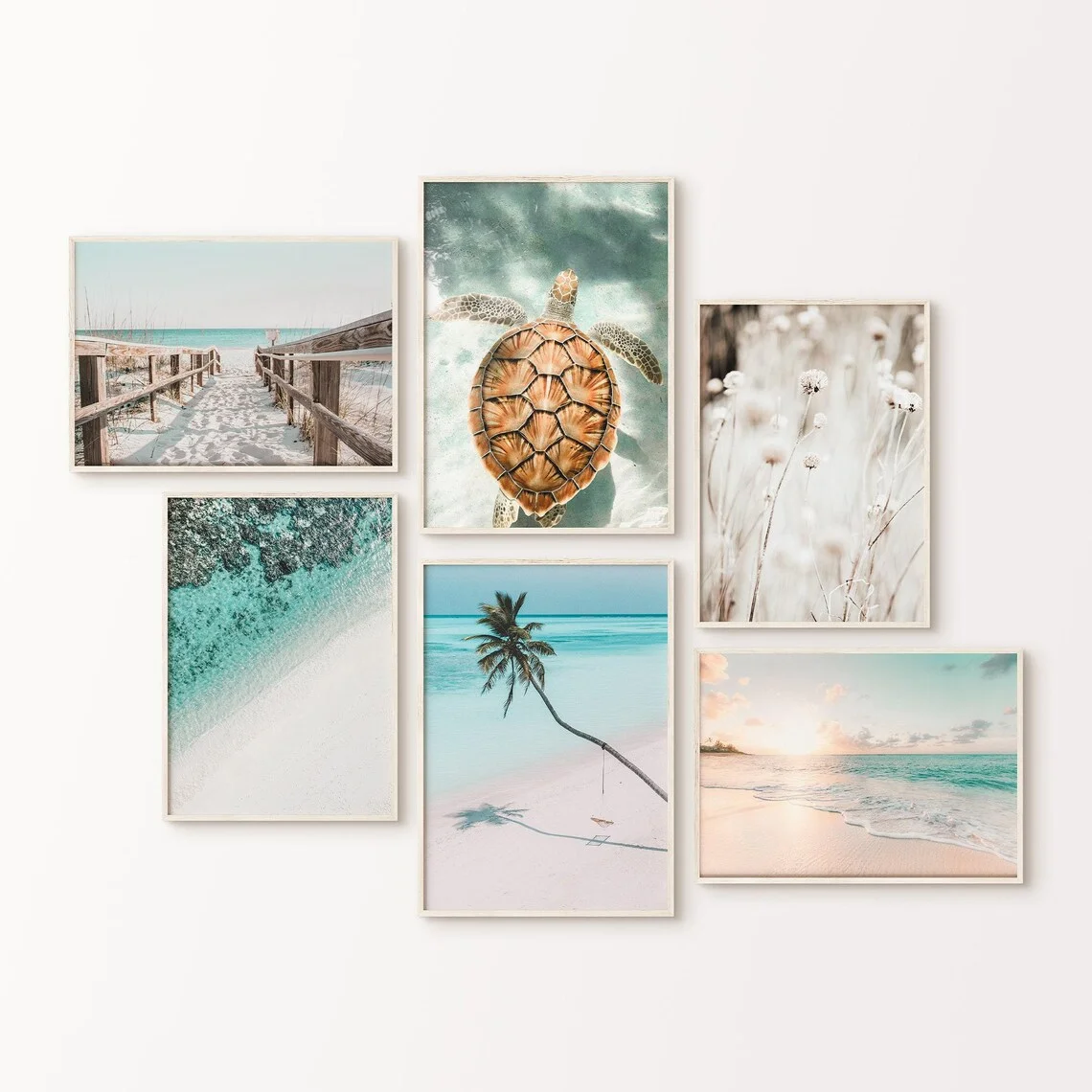 Printable Coastal 6 Pieces Wall Art, Aerial Beach Print, Tropical Beach Gallery Wall Set of 6 Photography, Sea Turtle Print, Pal
