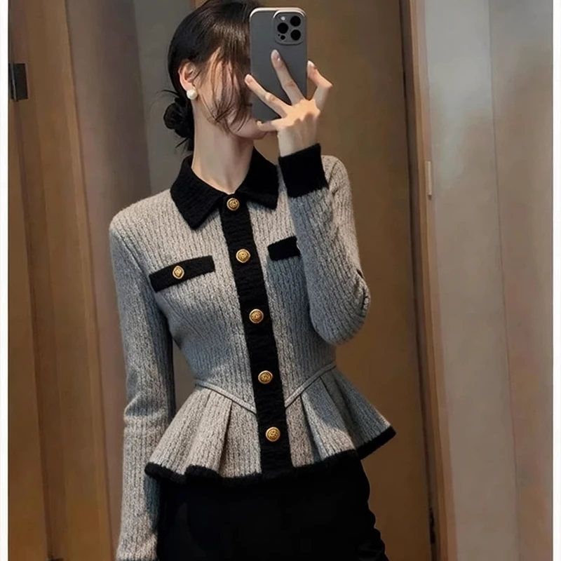 

2026 Spring Fall Women Patchwork Ruffles Knitted Grey Top Shirt , Woman Elegant Clothes Slim High Waisted Tops Shirts