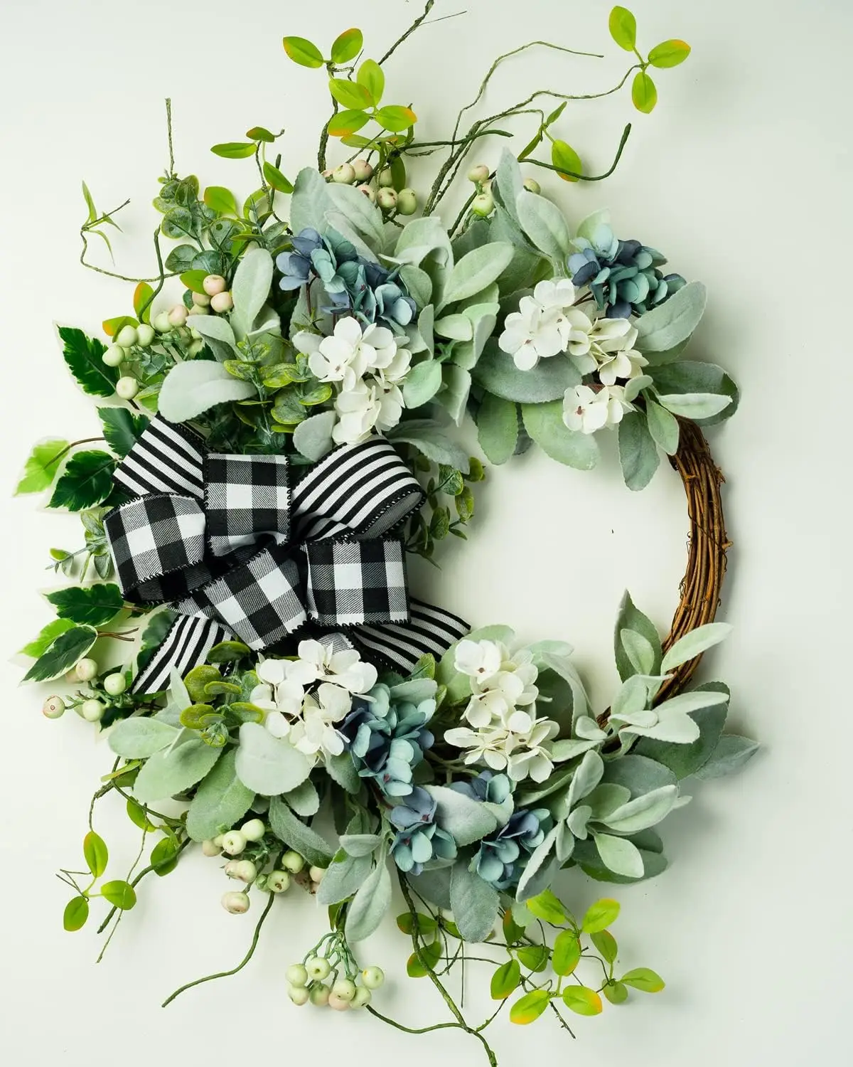 

20in Farmhouse Artificial Lambs Ear Wreath for Front Door, Year-Round Home Decor, Window Wall Wedding