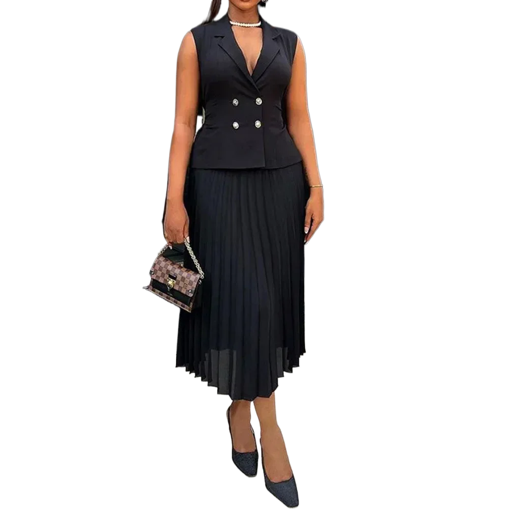 

Elegant Solid Color Sleeveless Notched Collar Button Decor Blazer Top & High Waist Pleated Skirt 2 Piece Set