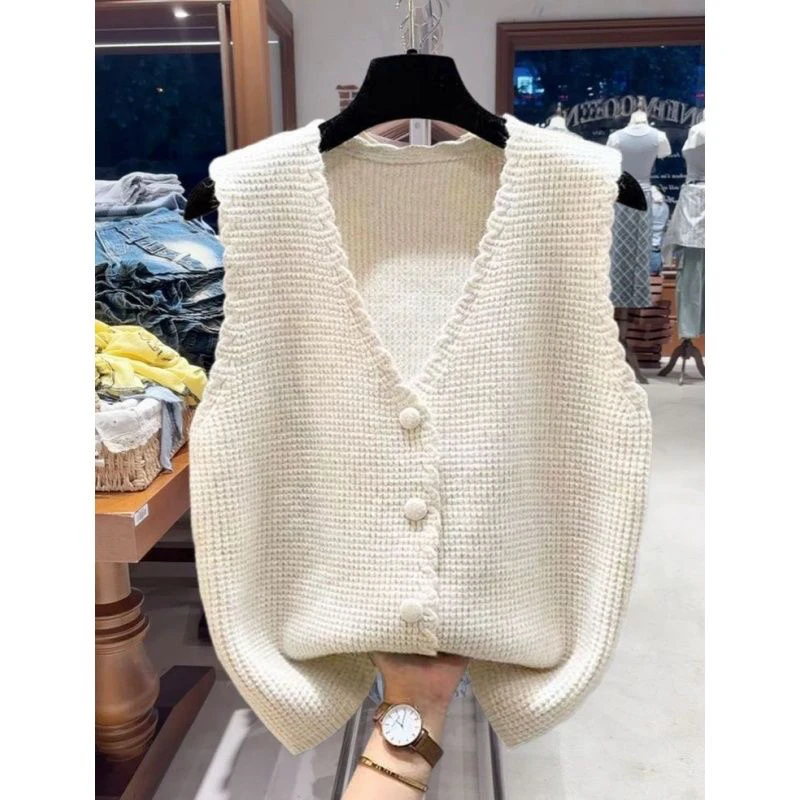 

V-Neck Knitted Vest Outerwear Sleeveless Autumn Fashion Commute Style Mixed Fabric Women's Jacket Short Length Single Button