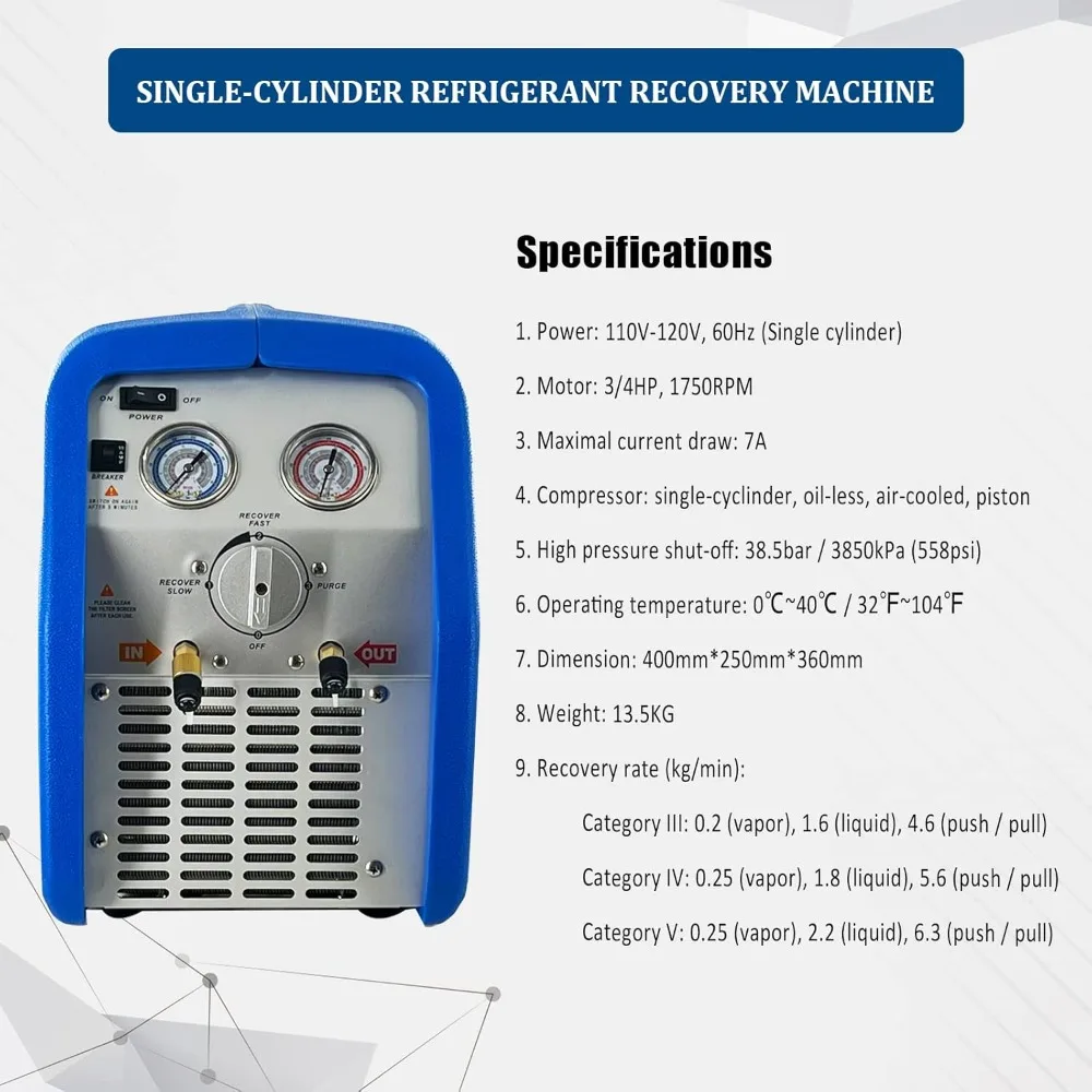 3/4 HP Single Cylinder Refrigerant Recovery Machine, 110V 60 Hz Portable Oil-less Freon Recycling Unit for Both Liquid