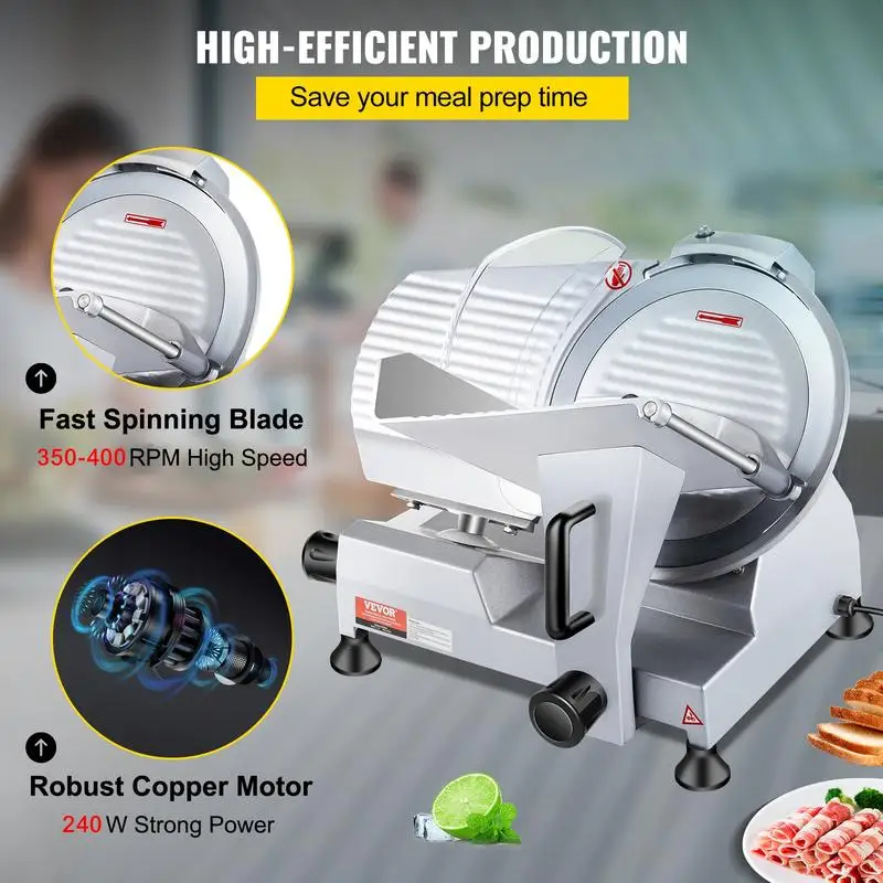 Fatiador de carne elétrico Deli 240W, lâmina de aço carbono de 10", 350-400 RPM, espessura ajustável de 0-0,47 polegadas, ideal para uso comercial e