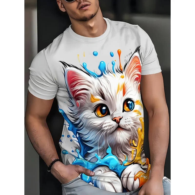 

Cool Cat Pattern T Shirt For Men Colorful Retro Animal 3D Printed Tees Summer Street Short Sleeve Round Neck Tops Loose T-Shirts