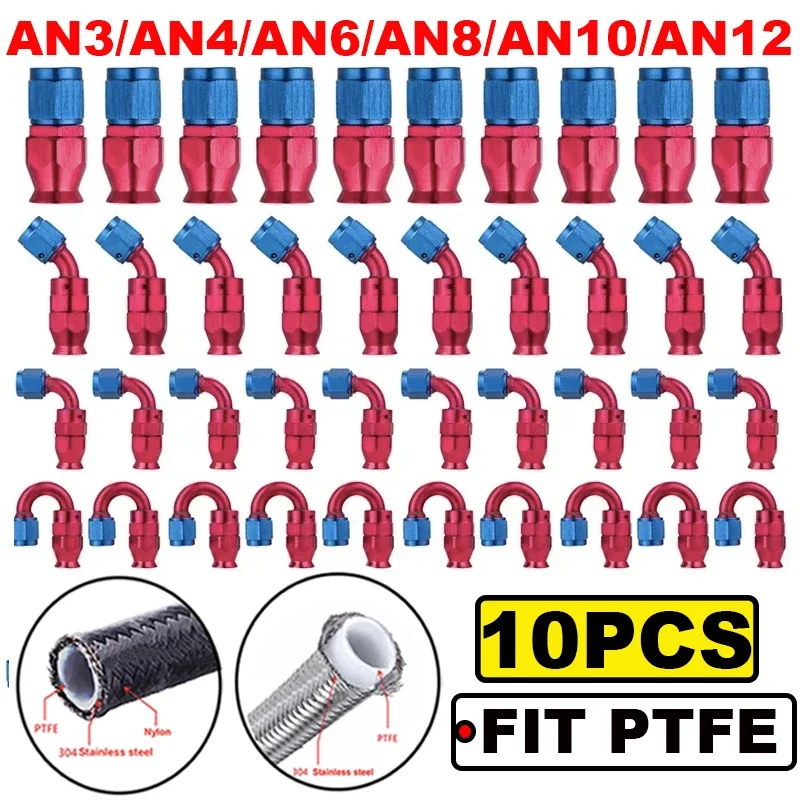 10x Aluminum Alloy AN4/6/8/10/12 PTFE Hose End Fitting Hose End Joint for PTFE E85 Fuel Line Fitting Adapter Fuel System Fitting