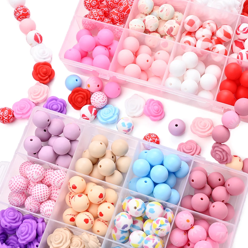 104Pcs Rose Silicone Bead Set Valentine's Day Style Romantic Color Scheme for Holiday Gifts Decorations Keychain Bag Pendant