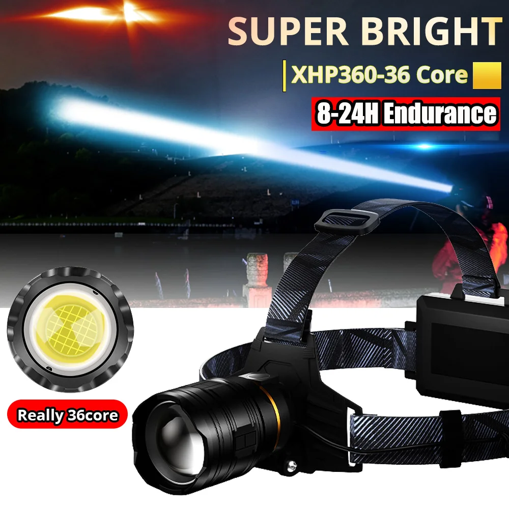 Brightest XHP360-36CORE Headlamp usb Rechargeable waterproof Camping Flashlight Zoomable Head Lamp Fishing Light use18650 battey