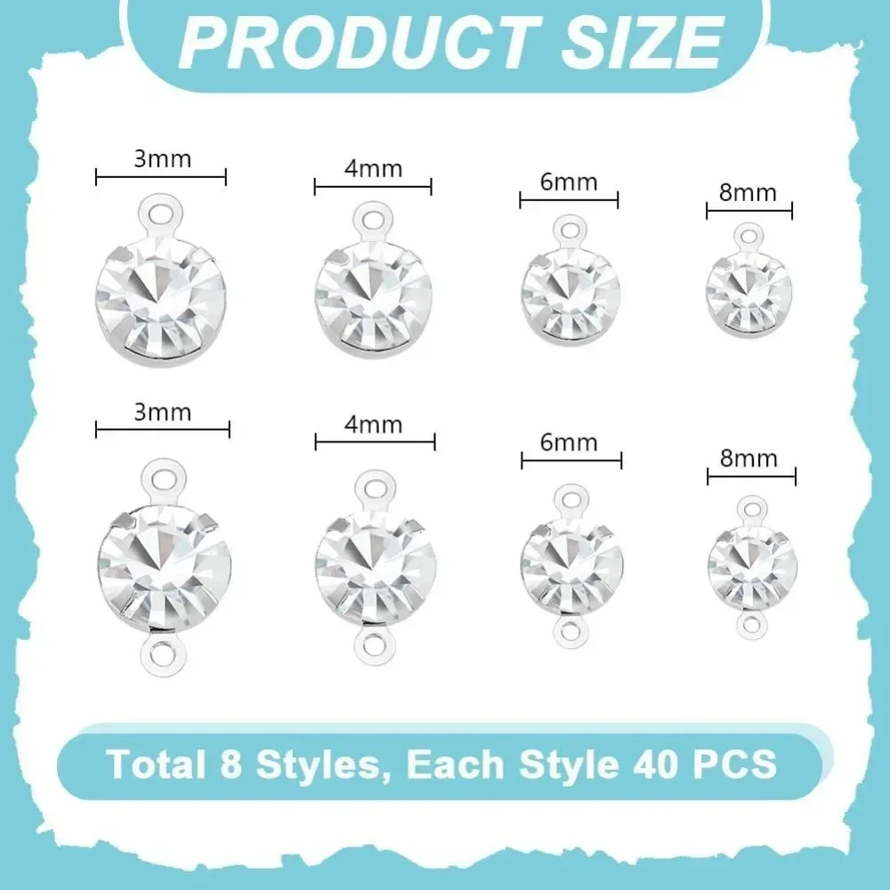 320 PCS Brass Cubic Zirconia Connector Charms 8 Style Flat Round Birthstone Charm Platinum Links Glass Links Pendent Charms
