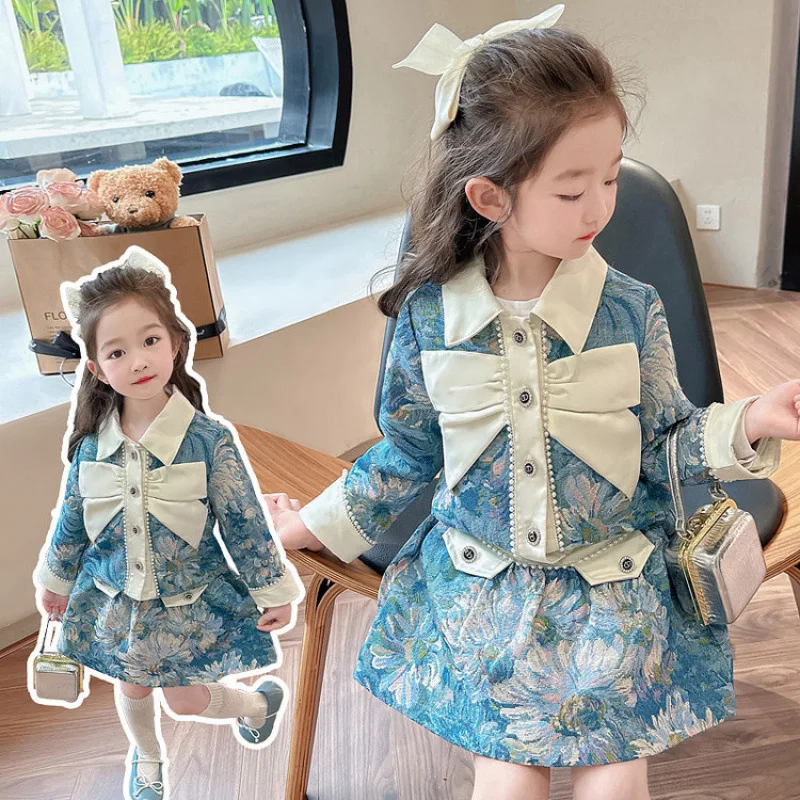 Girls Spring and Autumn Full Print Floral Small Fragrance Style Set 2026 Baby Girl Temperament Short Skirt Two-piece Set 2