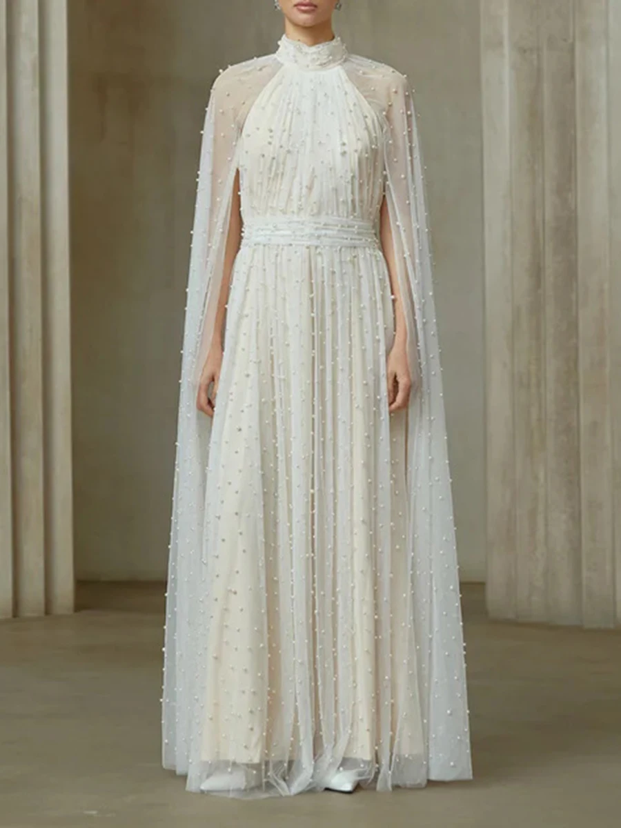 TWOTWINSTYLE Solid Sheer Spliced Bead Luxurious Dresses for Women Stand Neck Long Sleeves Tunic Patchwork Shirring Dress Female