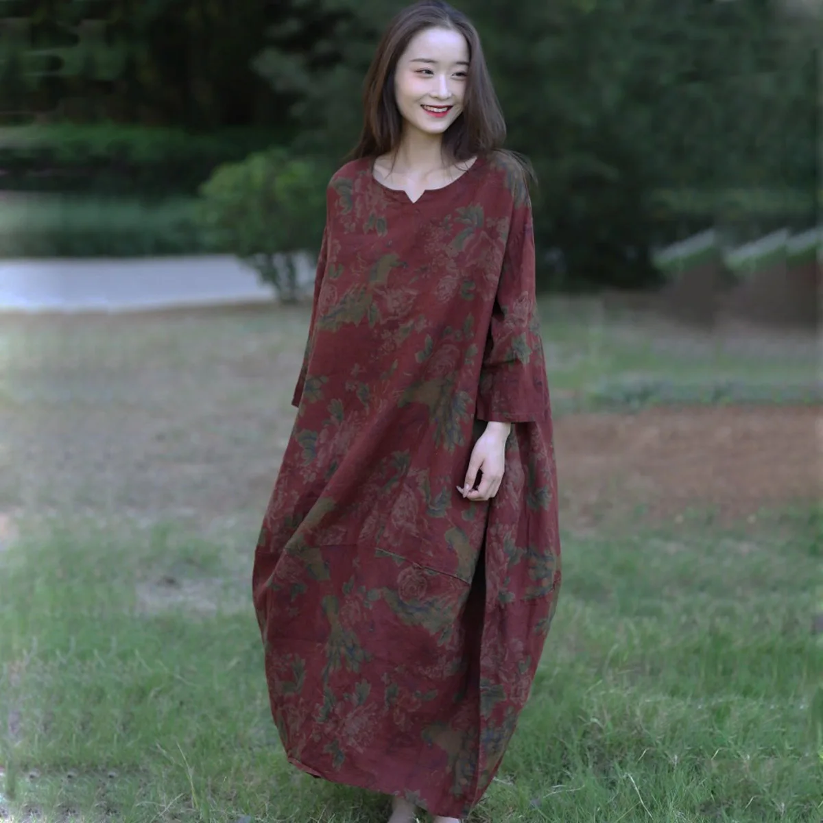 

Женское осеннее платье из 100% льна, винтажное свободное платье с ленивым ветром, фонарики, нижний подол, халат в этническом стиле, длинное платье с цветочным принтом