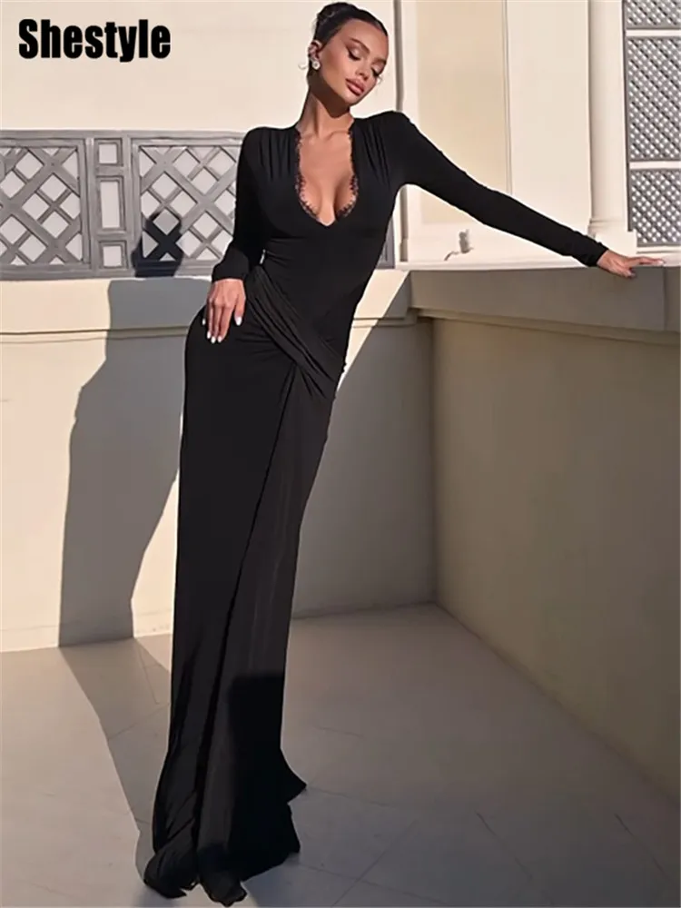 فستان أسود طويل برقبة على شكل V من Shestyle للنساء، طبقة مزدوجة سادة، ملابس ضيقة للحفلات لربيع وشتاء، ملابس عصرية جديدة ليلية