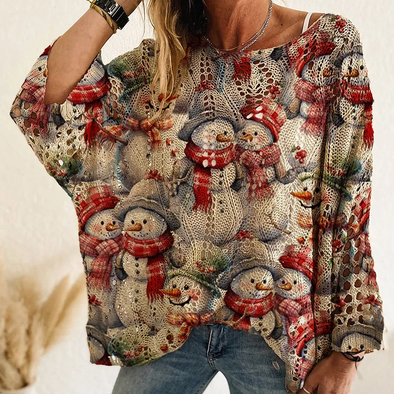 Feminino o pescoço manga morcego camisola solta novo casual crochê festival camisola topo outono natal impresso oco camisola de malha