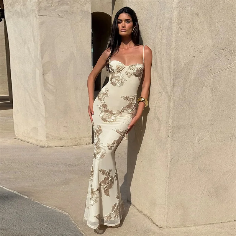 

Beige Women Prom Dress Appliqued Sexy Stripe Sleeveless Lace Up Back Long Party Gown Daily Casual Holiday Formal Birthday Robe