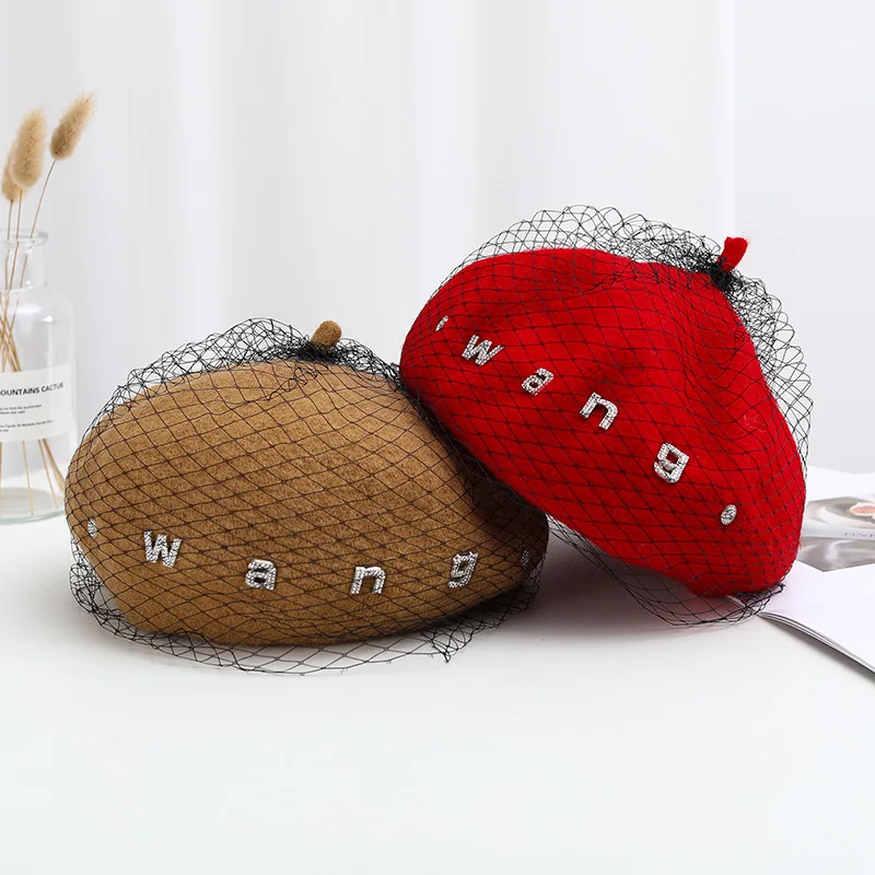 Women Fashion Winter Beret English Letter Sexy Netting Black Hats French Artist Warm Beanie Ladies All Match boina mujer