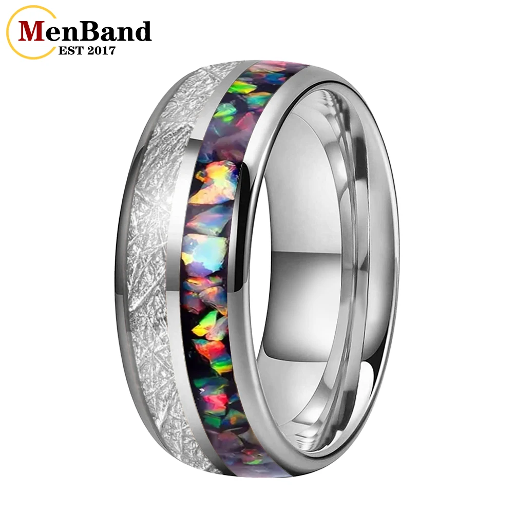 MenBand moda 6MM 8MM ópalo de colores y incrustaciones de meteorito blanco anillos de boda de tungsteno bandas anillo de aniversario regalos de joyería