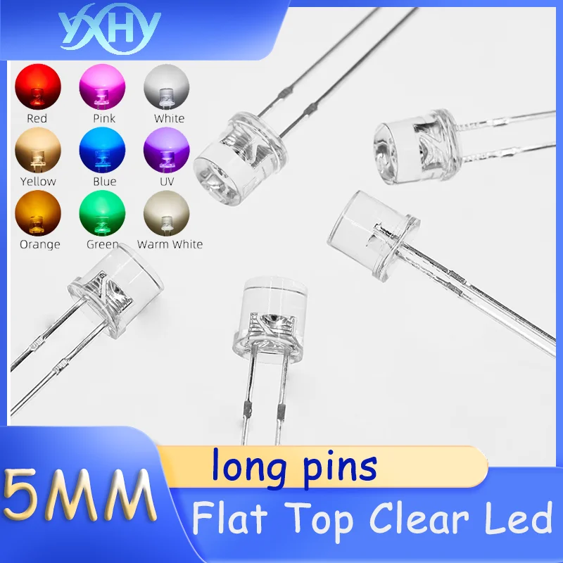 100 Uds LED F5/5mm cabeza plana blanca pierna larga alto brillo rojo, amarillo, azul, rosa, luz púrpura enchufe directo cuentas de lámpara LED