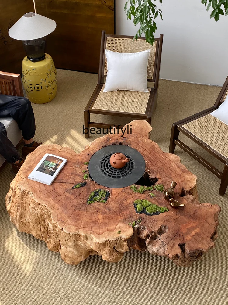 Special-Shaped Wooden Pier Tea Table Courtyard Balcony Solid Wood Stove Tea Table B & B Mobile Carbon and Electricity Dual-Use