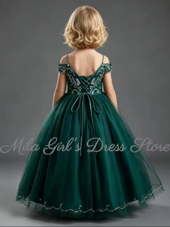 Green Off Shoulder Flower Girl Dress Lace Appliques Sequin Tulle Wedding Party Gown V Neck First Communion Dresses Customized
