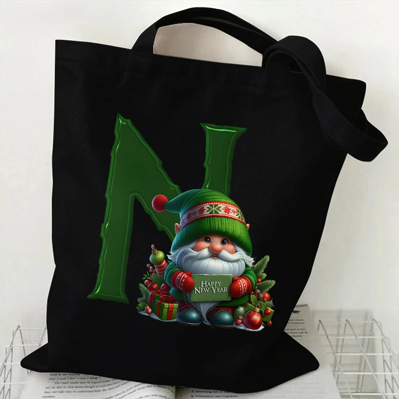 الأخضر سانتا كلوز المرأة قماش حمل الحقائب مضحك عيد ميلاد سعيد حزب A-Z 26 رسالة سعة كبيرة التسوق حقيبة كتف عادية