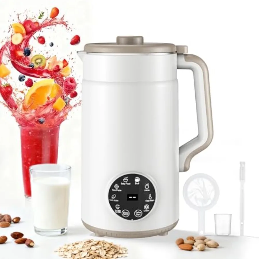 

10-in-1 nut milk maker for home use, stainless steel body, white, self-cleaning, 12H delay, keep warm, boil function, one-touch