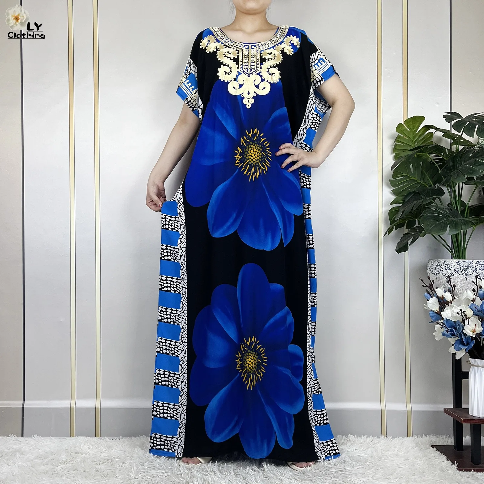 2023 New Dubai Summer Woman Short Sleeve Floral Printing Cotton Loose Maxi African Muslim Tradition Dresses With Small Headscarf