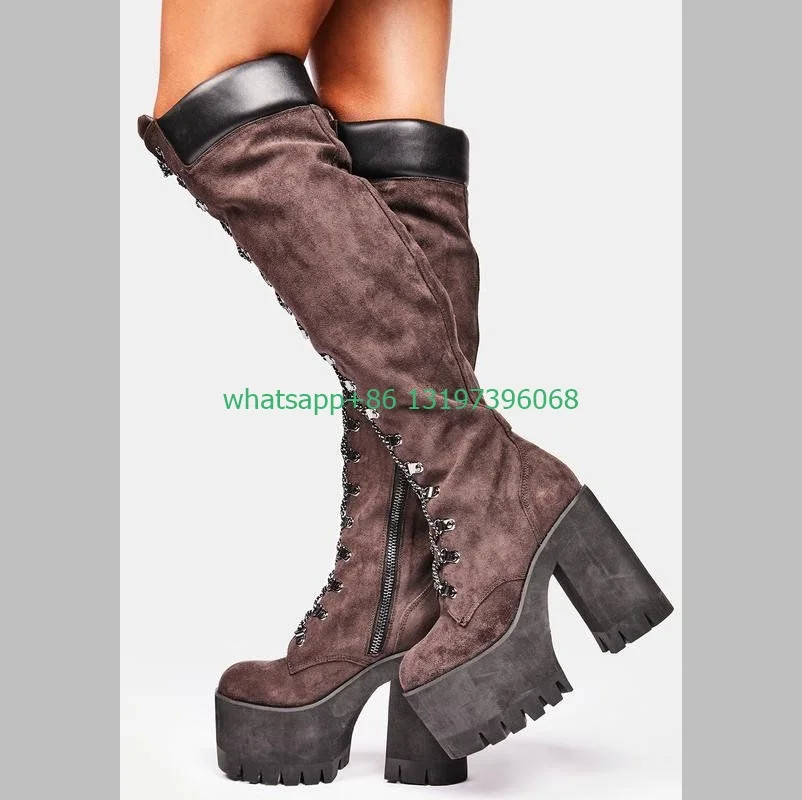 Lady suede chocolate color platform knee boots platform chunky heel side zip causal punk vintage style boots size 35-46 footwear