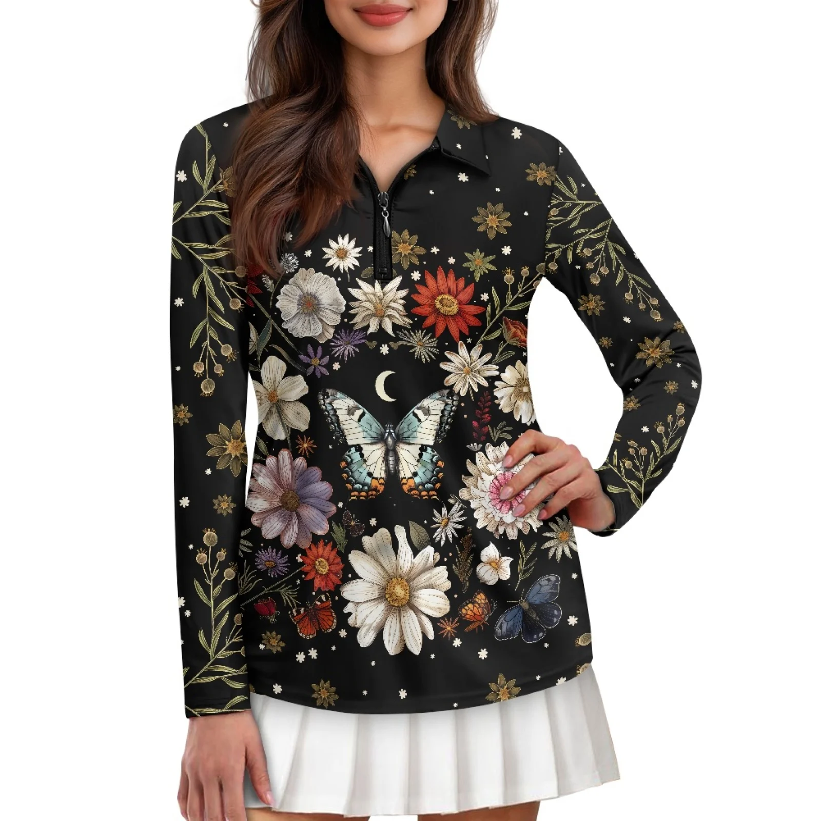 PENSTROLL Floral Butterfly Womens Soft Golf Polos Shirts Comfortable Golf Outfits for Casual